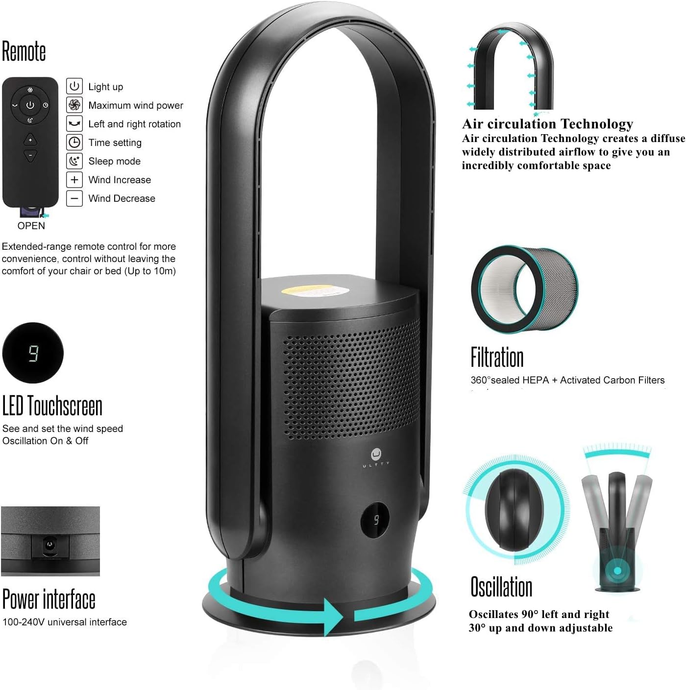 ULTTY Bladeless Tower Fan and Air Purifier Combo, Quiet Oscillating Fan with Remote & Touch Control, 9 Speeds, 8H Timer, HEPA Air Filter, Safe Floor Fan for Bedroom Home Office Black, 23.5"inch