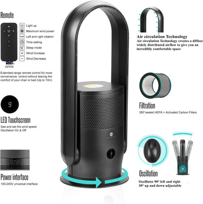 ULTTY Bladeless Tower Fan and Air Purifier Combo, Quiet Oscillating Fan with Remote & Touch Control, 9 Speeds, 8H Timer, HEPA Air Filter, Safe Floor Fan for Bedroom Home Office Black, 23.5"inch