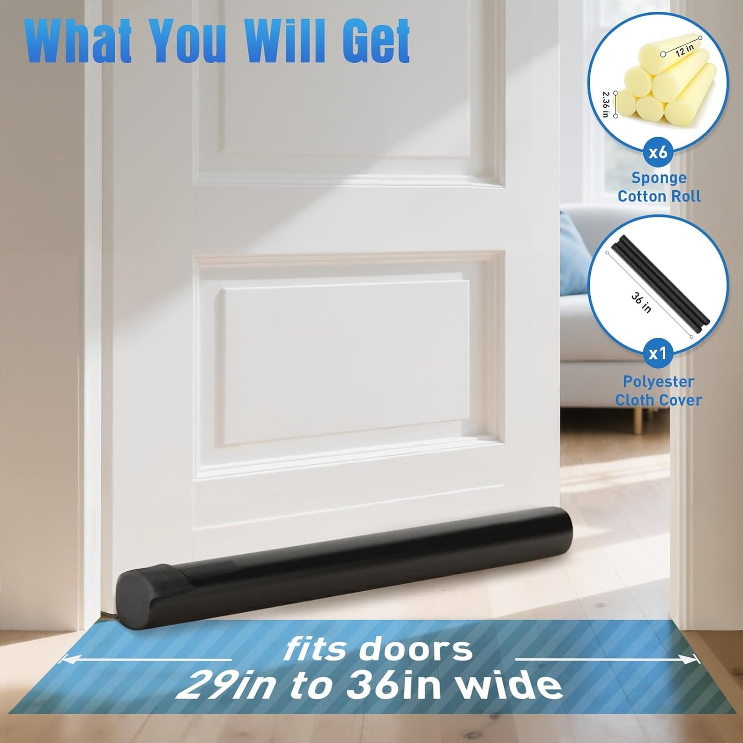 BlissTrends 36 in Under Door Draft Stopper, Covers Gaps up to 2.36 in,Black | Adjustable Door Sweep Gap Filler Seal Fits Most Doors, Easy Install, Blocks Drafts, Light, Dust, Insects and Reduces Noise