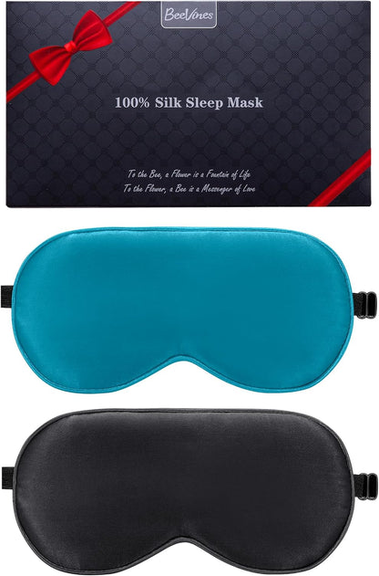 BeeVines 100% Real Mulberry Silk 2 Pack Sleep Mask, Natural Pure Silk Eye Masks with Adjustable Strap for Sleeping, Block Light Eye Sleep Shade Cover, Reduces Puffy Eyes Traveling Gifts