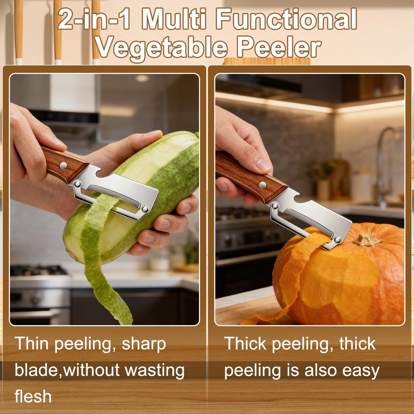 2 PCS Multi-Functional Vegetable Peeler for Kitchen, 2 in 1 Stainless Steel Vegetable Peeler with Wooden Handle and Bottle Opener, Kitchen Tool for Vegetables or Fruits that Need to Be Peeled
