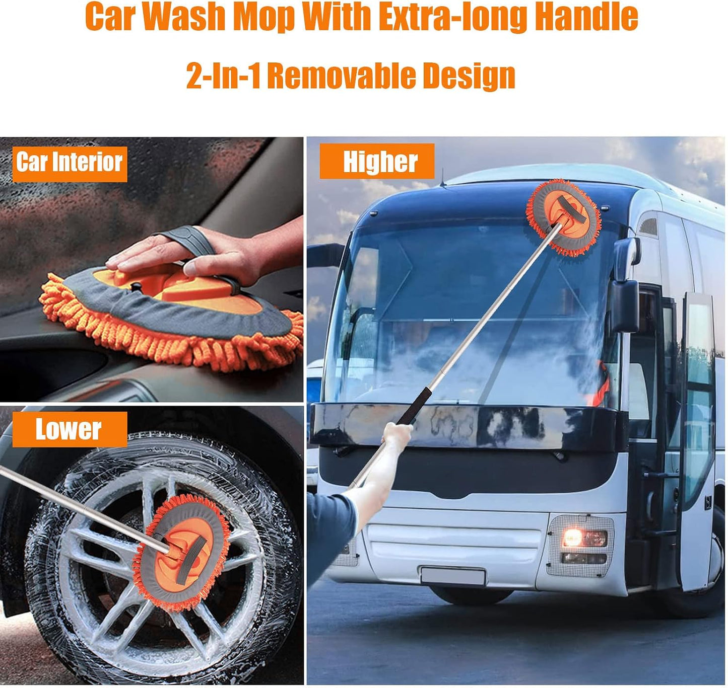 62" Car Wash Brush Mop Kit with Long Handle, 2 in 1 Chenille Microfiber Sponge Mitt Cleaning Detailing Duster for Washing Cars Truck SUV RV Caravans and Household(2 x Mop Head) (Blue)