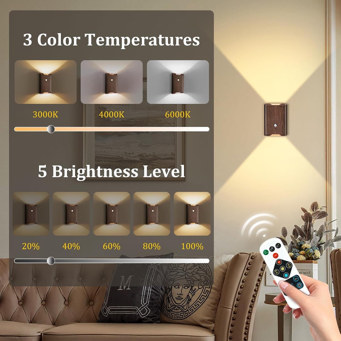 Eneru Motion Sensor Wall Sconce, Rechargeable Wireless Lights Indoor 2 Pack | 5000mAh battery powered, remote 3CCT dimmable, cordless magnetic mount, motion night light for hallway closet bathroom stair