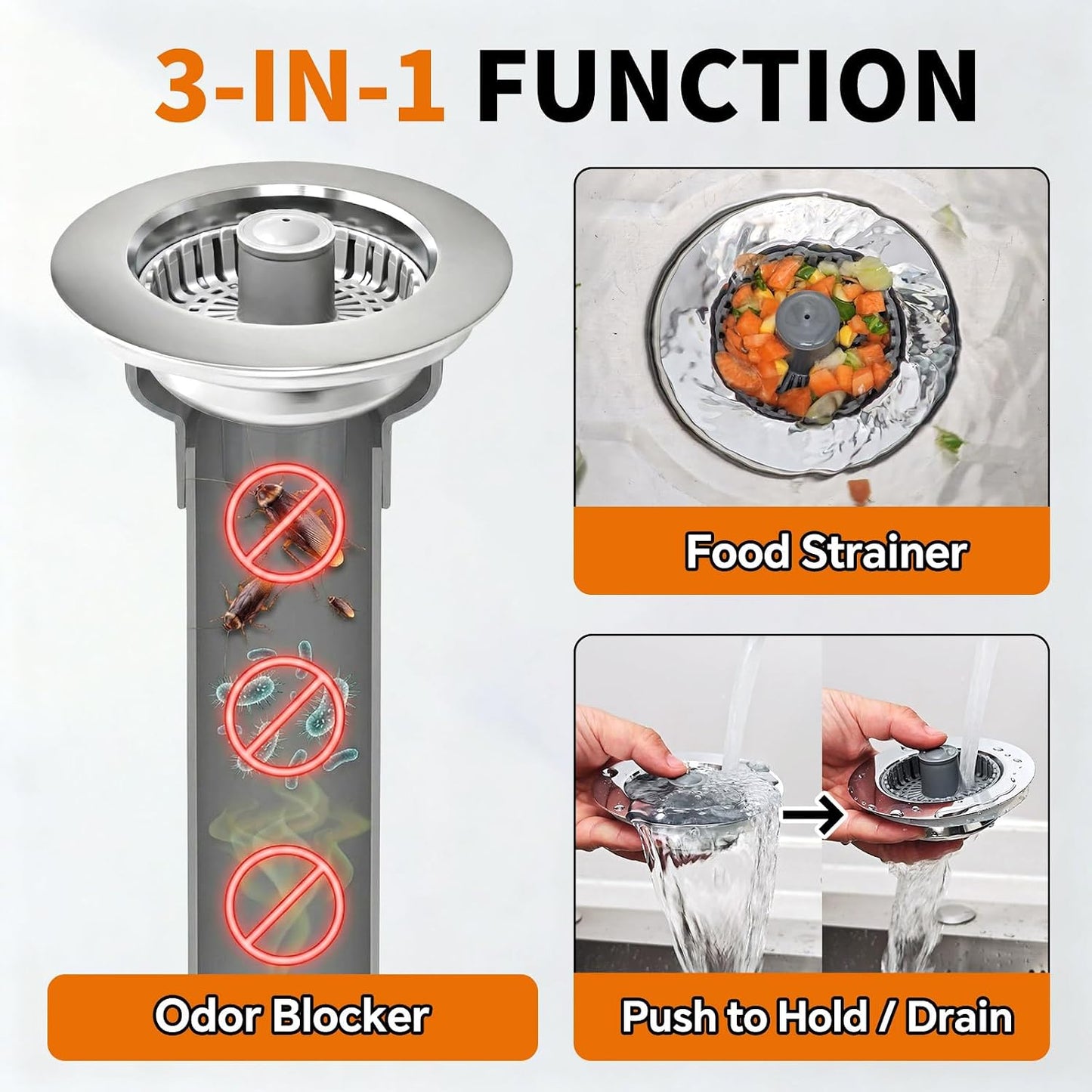 Solid Brass Body 3-in-1 Kitchen Sink Drain Strainer & Stopper, Heavy Duty Pop Up Plug Assembly with 2 Baskets, Anti-Clog Replacement for US Standard 3-1/2 Inch Drains, Rust-Proof Silver