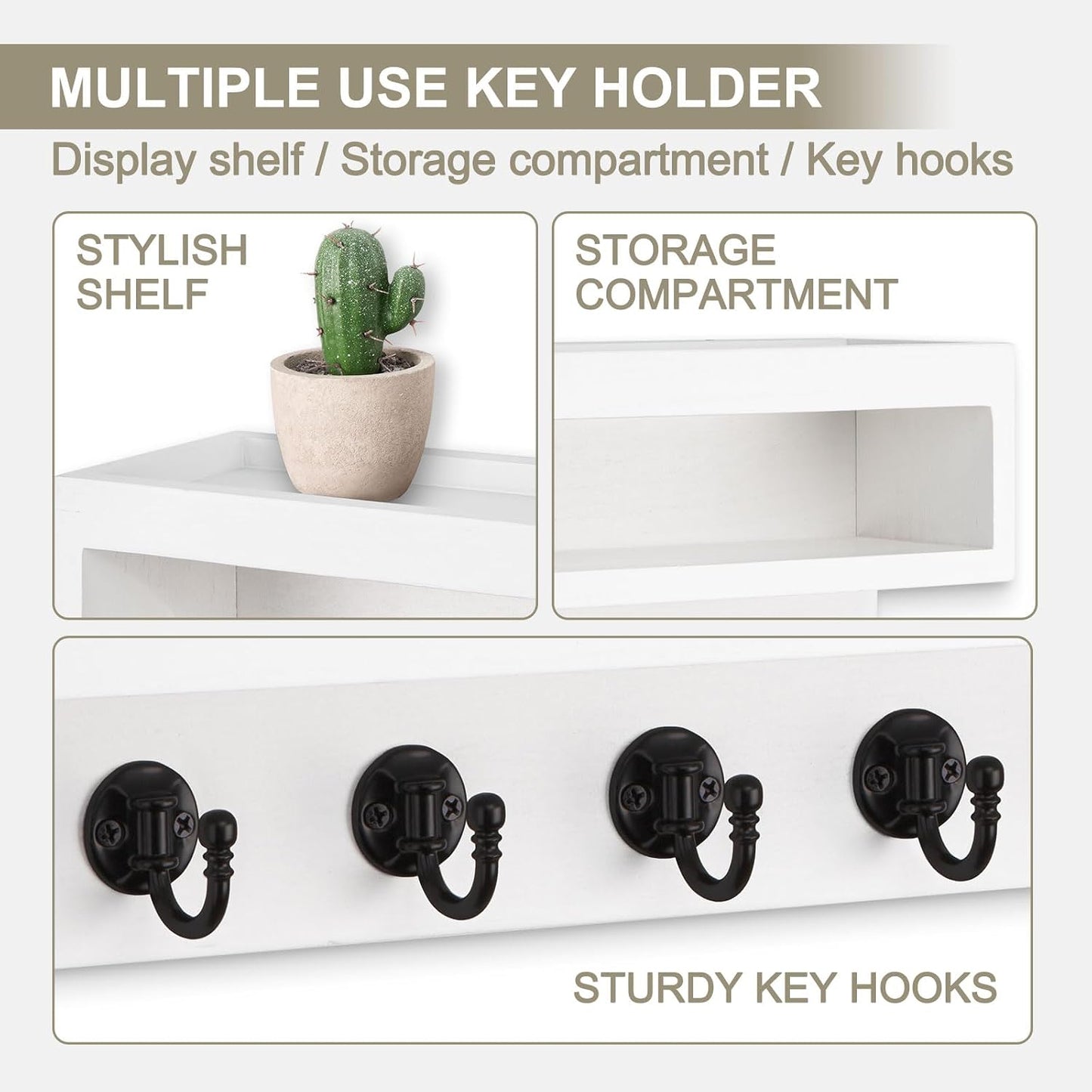 Key and Mail Holder Wall Mount with Long Storage Box and 6 Hooks | Key Holder For Coat, Dog Leash, Home Decor Rack, Entry Way Organizer