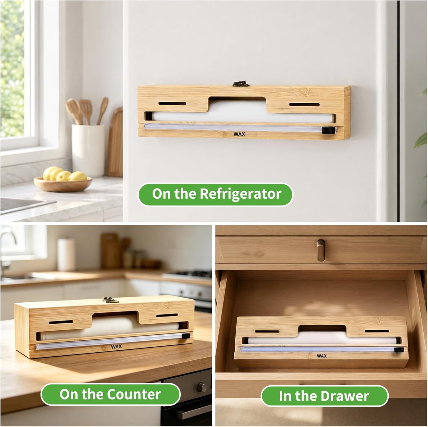 MSJGA Magnetic Plastic Wrap Dispenser with Cutter for Drawer&Refrigerator | 3 in 1 Fridge Bamboo Organizer for Tin Foil, Baking Paper, Wax Paper Holder Kitchen Storage Box Compatible,13" x 8.2" x 2.7"