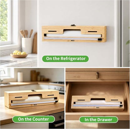MSJGA Magnetic Plastic Wrap Dispenser with Cutter for Drawer&Refrigerator | 3 in 1 Fridge Bamboo Organizer for Tin Foil, Baking Paper, Wax Paper Holder Kitchen Storage Box Compatible,13" x 8.2" x 2.7"