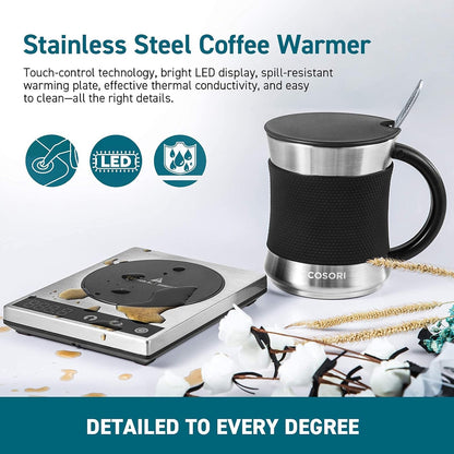 Cosori Coffee Mug Warmer & Mug Set, 1°F Precise Temperature Control | Digital Cup Heater, Touch Tech & LCD Digital Display (77-194℉), 304 Stainless Steel, for Desk, Office, Silver/Black