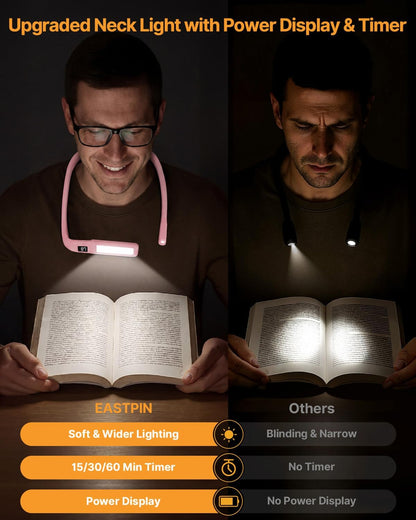 Reading Light Book Lovers Gifts: Upgraded Neck Light with Power Display & Timer, 80Hrs Rechargeable Book Lights for Reading at Night,Birthday Gifts for Readers Women, Knitting Crochet Accessories