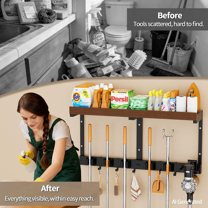 Broom and Mop Organizer Wall Hanging, Broom Hanger Holder Wall Mount | 3-in-1 Mop and Broom Holder Wall Mount with Storage Shelf & Vacuum Organizer,5 Racks,5 Hooks for Garage,Kitchen,Laundry Room