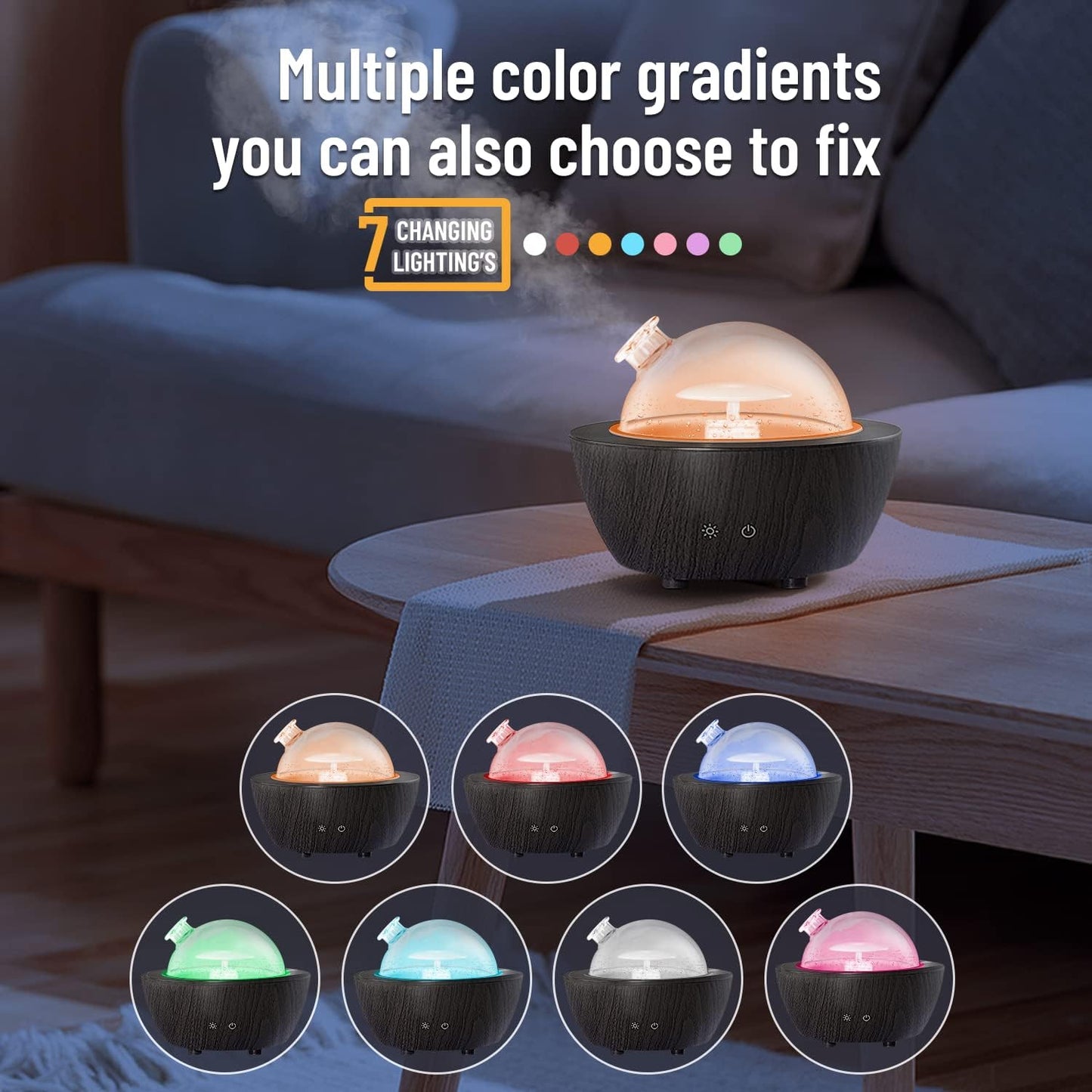 Glass Essential Oil Diffuser Wood Grain Base, 280ml Aromatherapy Diffusers Cool Mist Humidifier, LED Light in 7 Colors with Waterless Auto-Off Protection, for Office, Home, Yoga, Spa