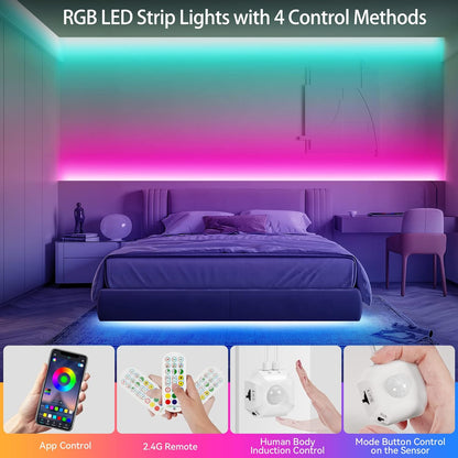 9.8Ft RGB LED Strip Lights, Motion Sensor Under Bed Lights, Indoor Usage, USB Powered, 3 Modes, App Control, RF Remote, SMD5050, for Bedroom, Kitchen, Stairs | Color Changing Motion Activated LED Strip Night Lighting,Music sync,Auto on/Off,USB Powered