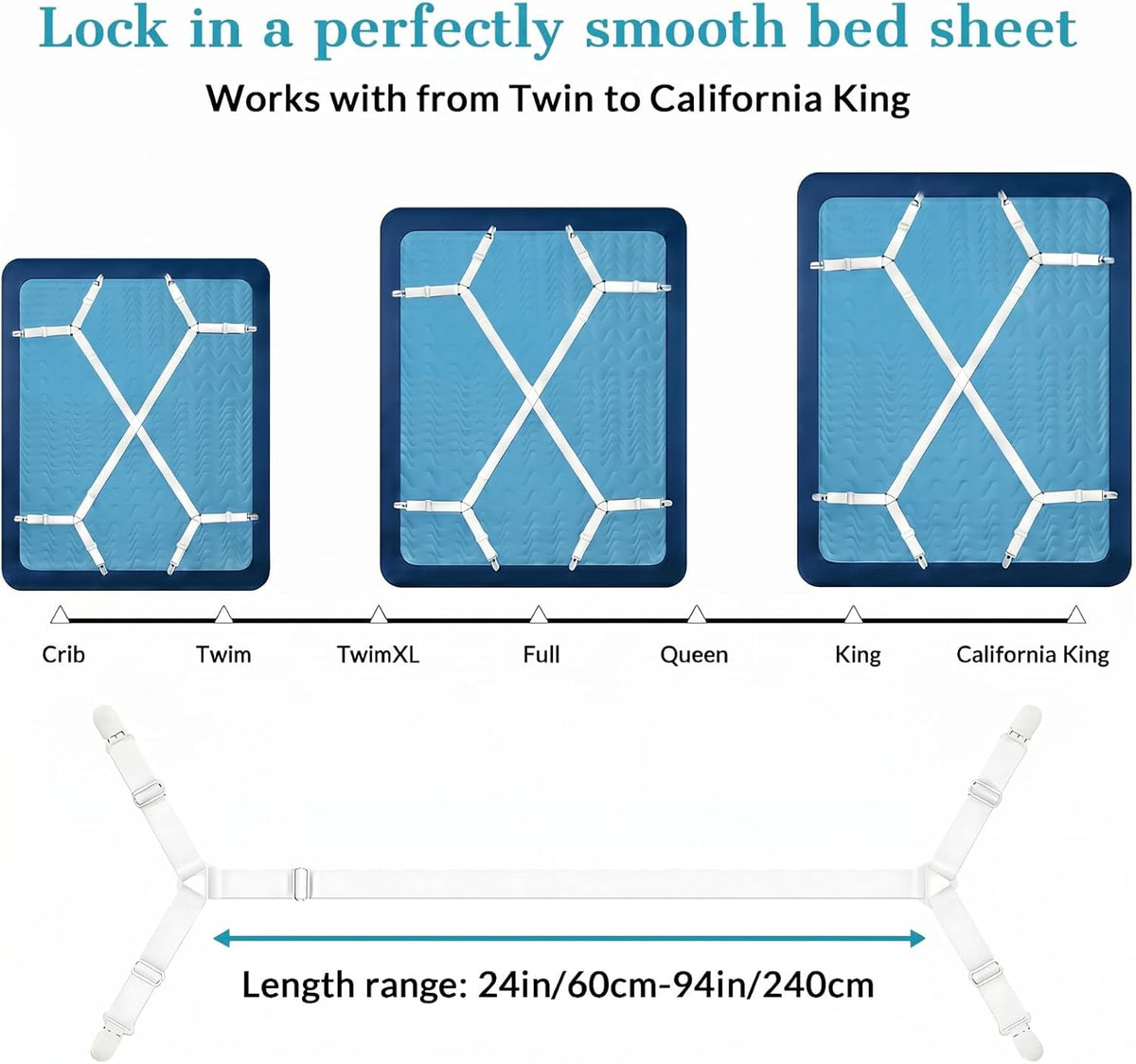 2 Pack Bed Sheet Holders - Adjustable Criss Cross Sheet Strap White