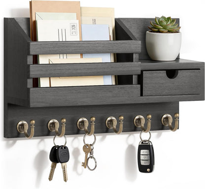 FifthQuarter Key and Mail Holder Wall Mount with Drawer and 6 Sturdy Hooks | Cute Rustic Farmhouse Wooden Key Hanger, Reliable Entryway Organizer for Keys and Daily Essential, Easy Installation, A-White
