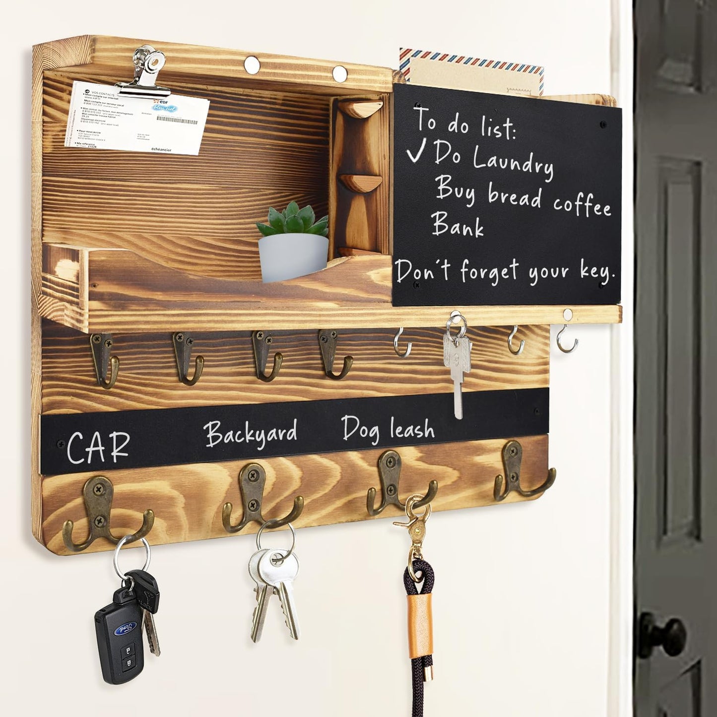 Key Holder for Wall Mount with Shelf and Mail Organizer, Key and Mail Holder with 16 Hooks, Farmhouse Entryway Organizer, Home Decor Rack (Pine Wood, White Washed)