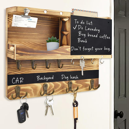 Key Holder for Wall Mount with Shelf and Mail Organizer, Key and Mail Holder with 16 Hooks, Farmhouse Entryway Organizer, Home Decor Rack (Pine Wood, White Washed)