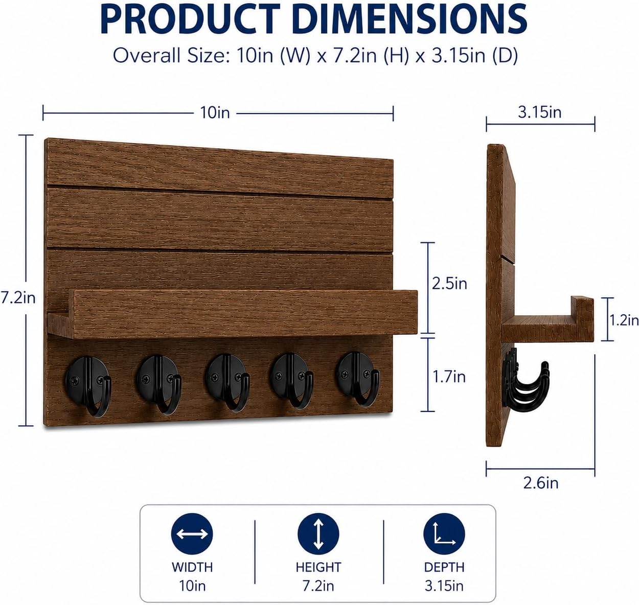 Key Holder for Wall, Decorative Key and Mail Holder, Key Holder Wall Mount with Shelf and Large Hooks, Easy Installation Key Rack for Entryway and Home Decor