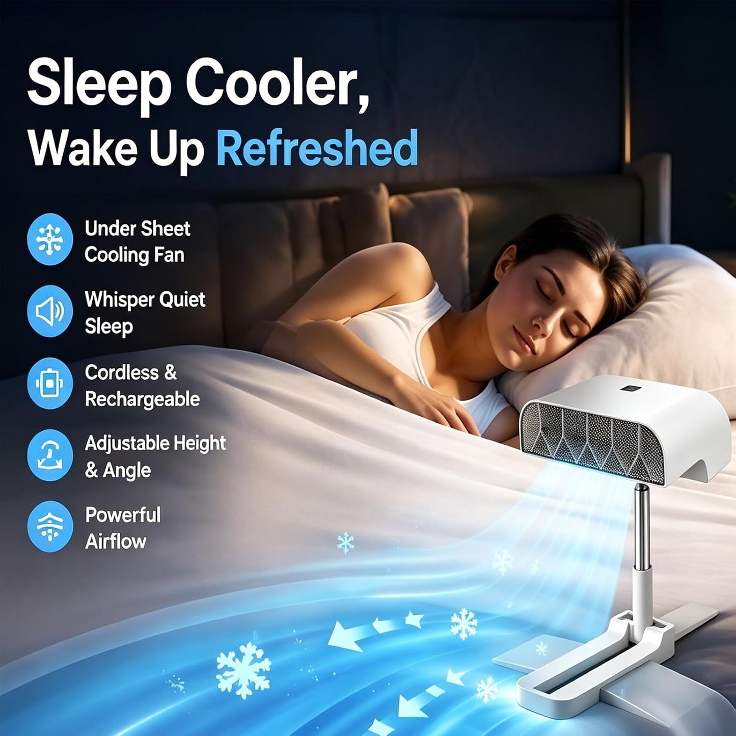 Bed Cooling Fan Under Sheets, Rechargeable Cordless Bed Fan Under Sheets, Quiet Bed Cooling System with Remote & 5 Speeds, Djustable Height Mattress Cooling Fans Under Blanket for Hot Sleepers (A)