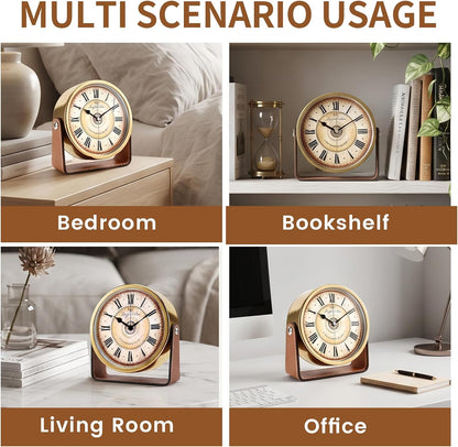 Analog Alarm Clock - 4.5" Silent Non Ticking Small Clock with Light, Rotatable Stand Metal Desk Clock Battery Operated, Simple Design for Living Room Decor/ Bedroom/Bedside/Shelf (Black & White)