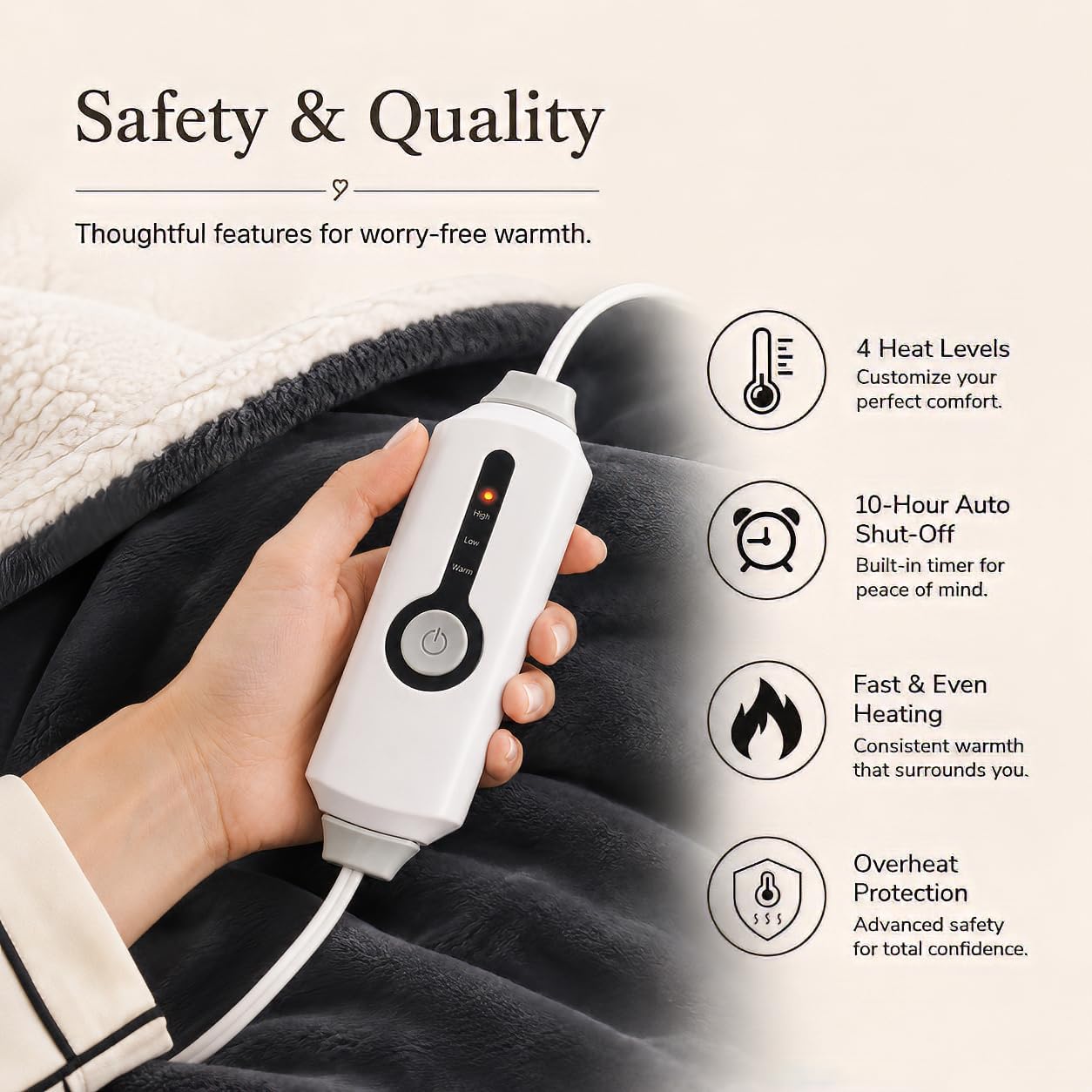 Electric Heated Blanket Full Size 72"x84" – Light Gray | ETL for Safe Overnight, 4 Heat Settings & 10H Auto Off, Dual-Sided Microplush Sherpa for Home Night, Machine washable