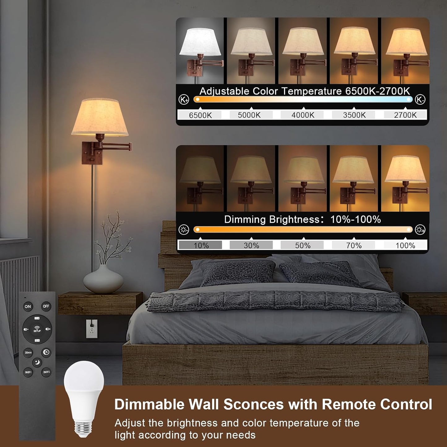 TRLIFE Wall Sconce Plug in, Dimmable Wall Sconces Set of Two Swing Arm Wall Lights with Plug in Cord and On/Off Dimmer Rotary Switch, 9.4" Medium Beige Fabric Shade(2 Pack, 2 Bulbs)