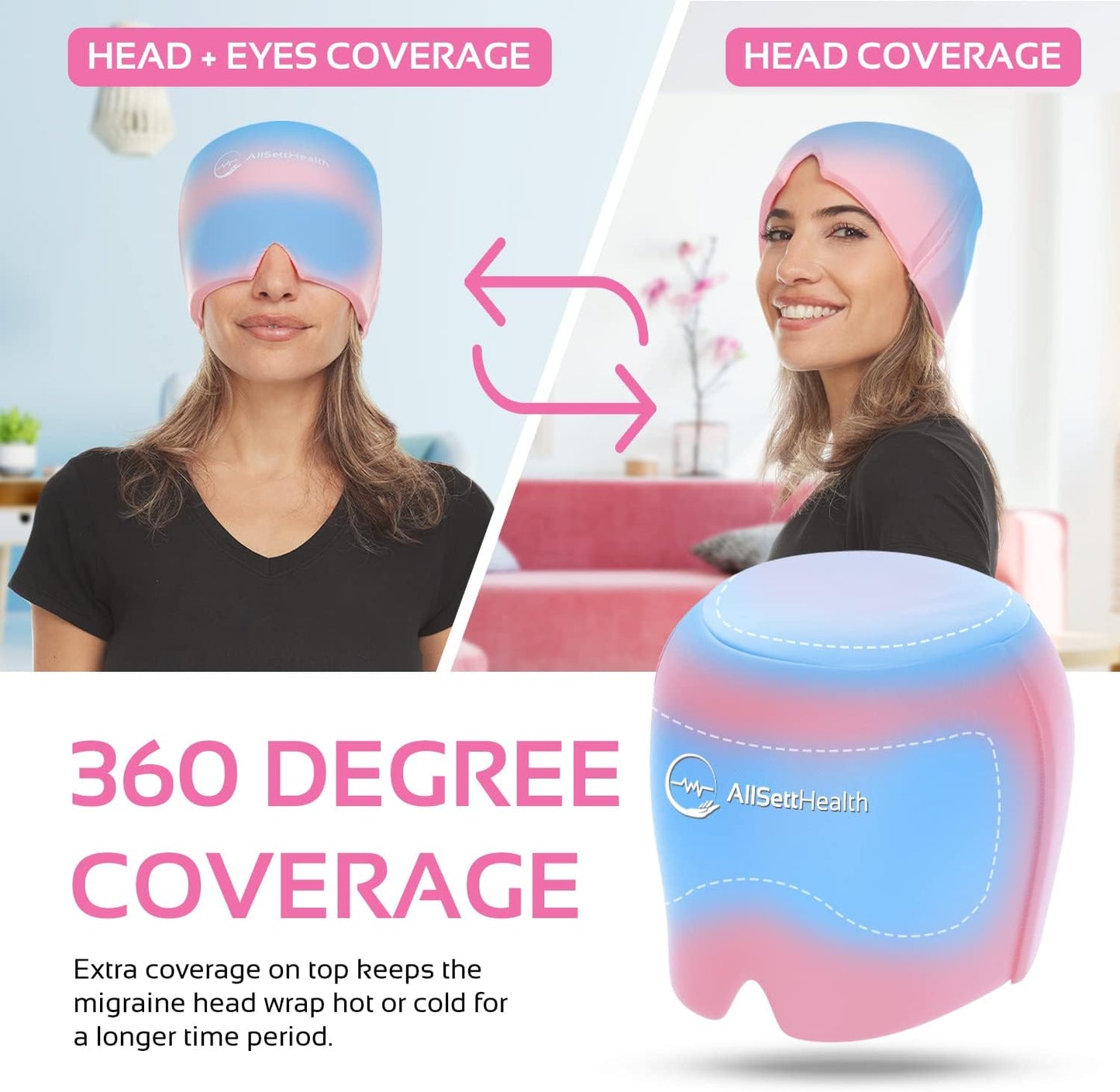 Migraine Relief Cap Ice Head Wrap and Hat | Hot/Cold Gel Pack with Face and Eye Mask Compress for Headache Relief - Black