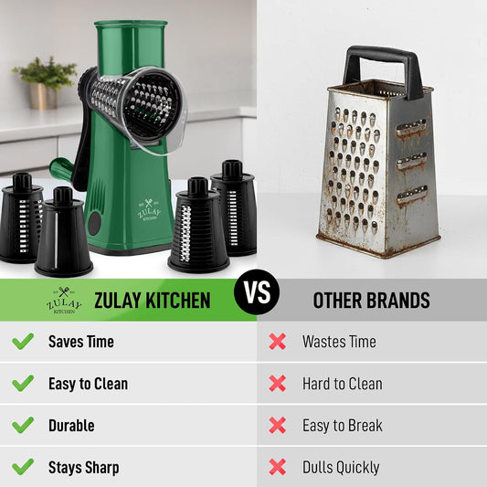 Zulay Kitchen Rotary Cheese Grater 5 Blade Cheese Shredder - Manual Hand Crank Cheese Grater With Reinforced Suction & 5 Interchangeable Drums - Easy to Use, Vegetable Chopper Round Mandoline Slicer - Colors B