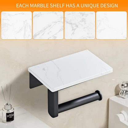 Brushed Nickel Toilet Paper Holder with Marble-Look Shelf, Wall Mounted SUS304 Stainless Steel Toilet Roll Holder with Phone Storage