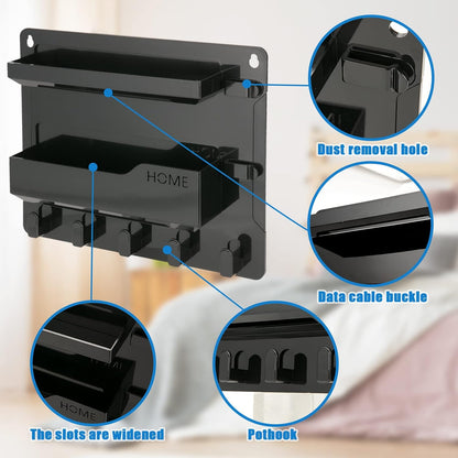 YONGAIJIA Bedside Shelf Wall Mount with Hooks, Cable Clips, No-Drill, Black | RV Shelf ,Camper, Dorm Room Essentials, Bunk Bed, Damage-Free Adhesive, Floating Organizer, Holds Phone Remote Glasses