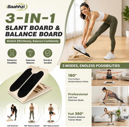 3-in-1 Slant Board Calf Stretch Balance Board | 6 Angle Adjustable, 180/360° Rotate, Anti-Slip 300lbs Capacity, Training Poster for Therapy, Core & Standing Desk Workout