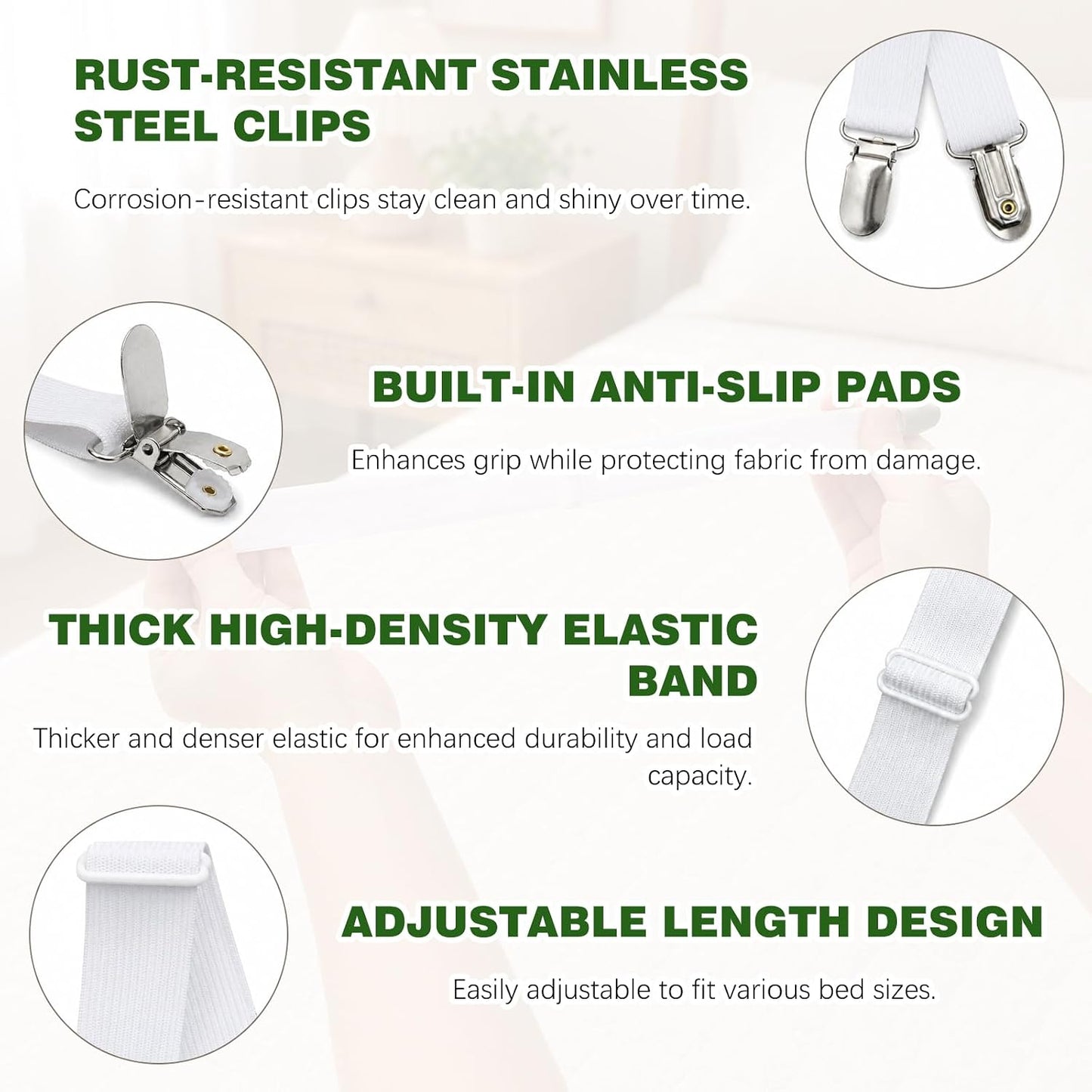 4-Pack White Adjustable Elastic Bed Sheet Straps, Non-Slip Fitted Sheet Holders for Crib to King Size Mattresses