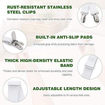 4-Pack White Adjustable Elastic Bed Sheet Straps, Non-Slip Fitted Sheet Holders for Crib to King Size Mattresses