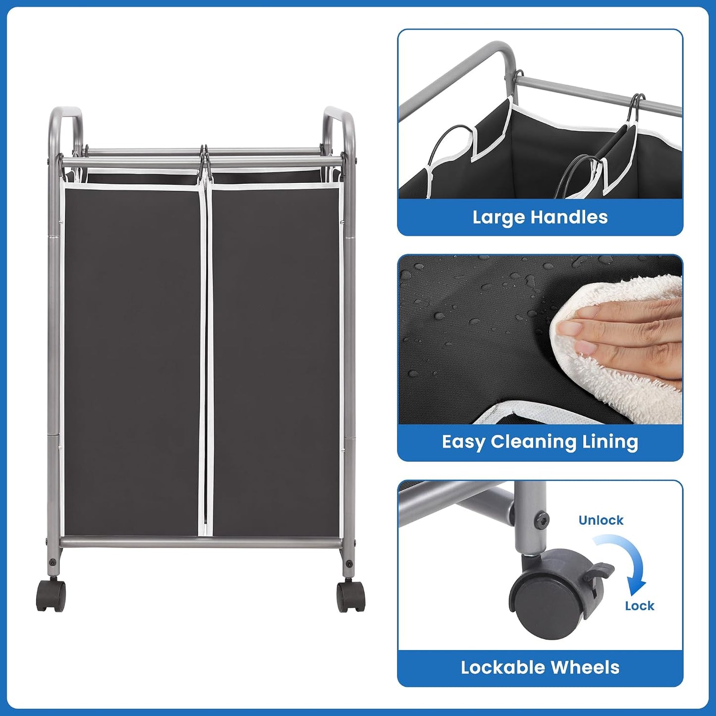 STORAGE MANIAC 3 Section Laundry Sorter, 35.6 Gal (135 L) Laundry Hamper Cart with Heavy Duty Rolling Lockable Wheels and Removable Bags, Clothes Organizer Basket Separator Hamper, Gray