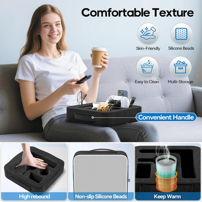 Couch Cup Holder Pillow, Sofa and Bed Caddy for iPad, Kindle, Switch, Game Controller, Remotes, Phones, Small-Sized Cup & Drink Holder for Couch, Bed, Desk, Car, Beach, Bathroom Cup Holder