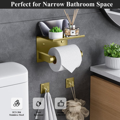 Tindbea Toilet Paper Holder Wall Mount + Towel Robe Hooks, Adhesive or Screw Wall Mounted Toilet Paper Roll Holder with Shelf, Stainless Steel Bathroom Organizers and Storage Kit (Brushed Gold)