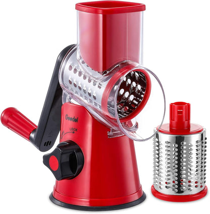 Geedel Rotary Cheese Grater, Kitchen Mandoline Vegetable Slicer with 3 Interchangeable Blades, Easy to Clean Rotary Grater Slicer for Fruit, Vegetables, Nuts | 3 Blades, 430 Stainless Steel, 12x Fast Cutting, Strong Suction Base, No BPA, Dishwasher Safe,