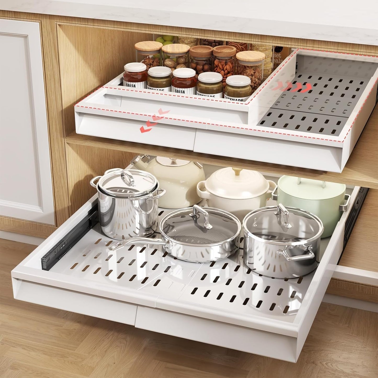 Seinloes Pull Out Cabinet Organizer, 4-Side Expandable to Fit Most Cabinets, 3 Rail Slide Out Drawers with Raising Pad for Framed & Frameless Cabinets, 13"-21" W x 17"-24" D, White, 2 Pack