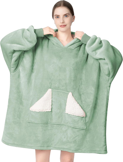 Wearable Blanket Hoodie, Oversized Sherpa Fleece Sweatshirt Blanket with Giant Hood Pocket and Sleeves for Adult, Warm & Cozy Grey Blanket Gifts for Women