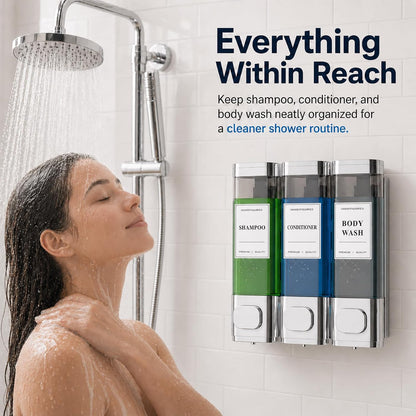 Shampoo and Conditioner Dispenser – Wall-Mounted Shower Soap Dispenser, No-Drill Installation, Lockable, 900 ml Capacity,for Bathroom & Hotel or Airbnb (Black, 3-Pack)