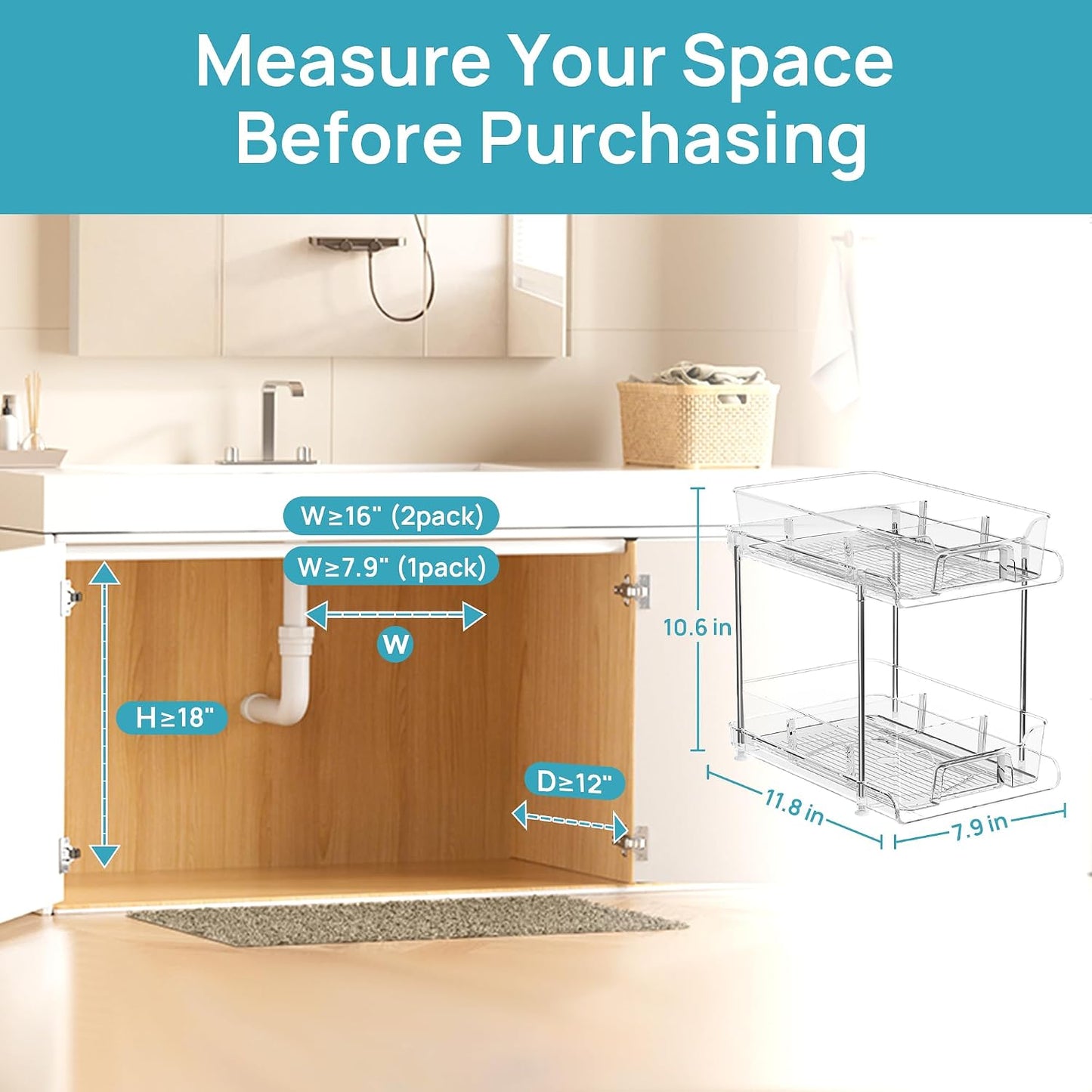 Vtopmart 2 Pack Pull Out Bathroom Under Sink Organizer (S-Standard) | Slide-out drawers, Multi-purpose storage, Clear visibility, Easy Set-up