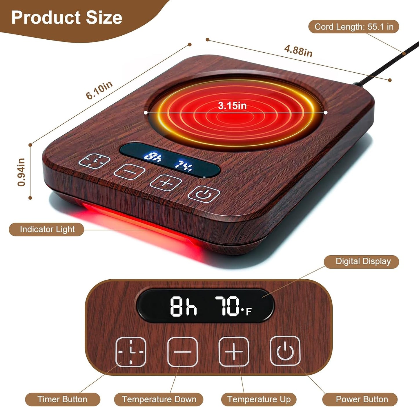 Coffee Mug Warmer, 36W, 120–180°F, 1–12H Timer | 7 heat levels, fast metal heating plate, digital touch control, 8H auto shut-off, wood-grain finish for desk use