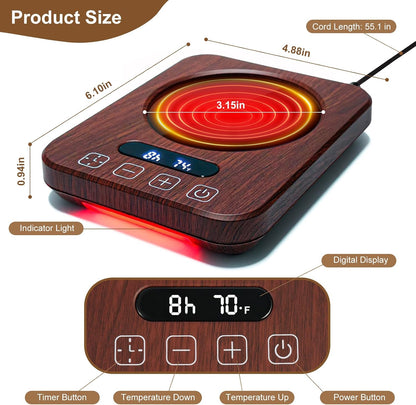 Coffee Mug Warmer, 36W, 120–180°F, 1–12H Timer | 7 heat levels, fast metal heating plate, digital touch control, 8H auto shut-off, wood-grain finish for desk use