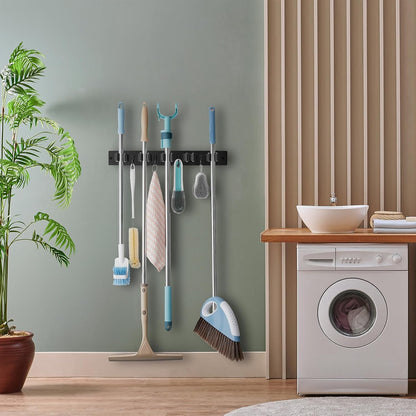 OUTNILI Mop and Broom Holder Wall Mount - Wood Broom Mop Hanger - Wall Mounted Garden Tool Rack Organizer for Closet Garage Laundry Room, Rustic Kitchen Decor With 4 Slots & 4 Hooks