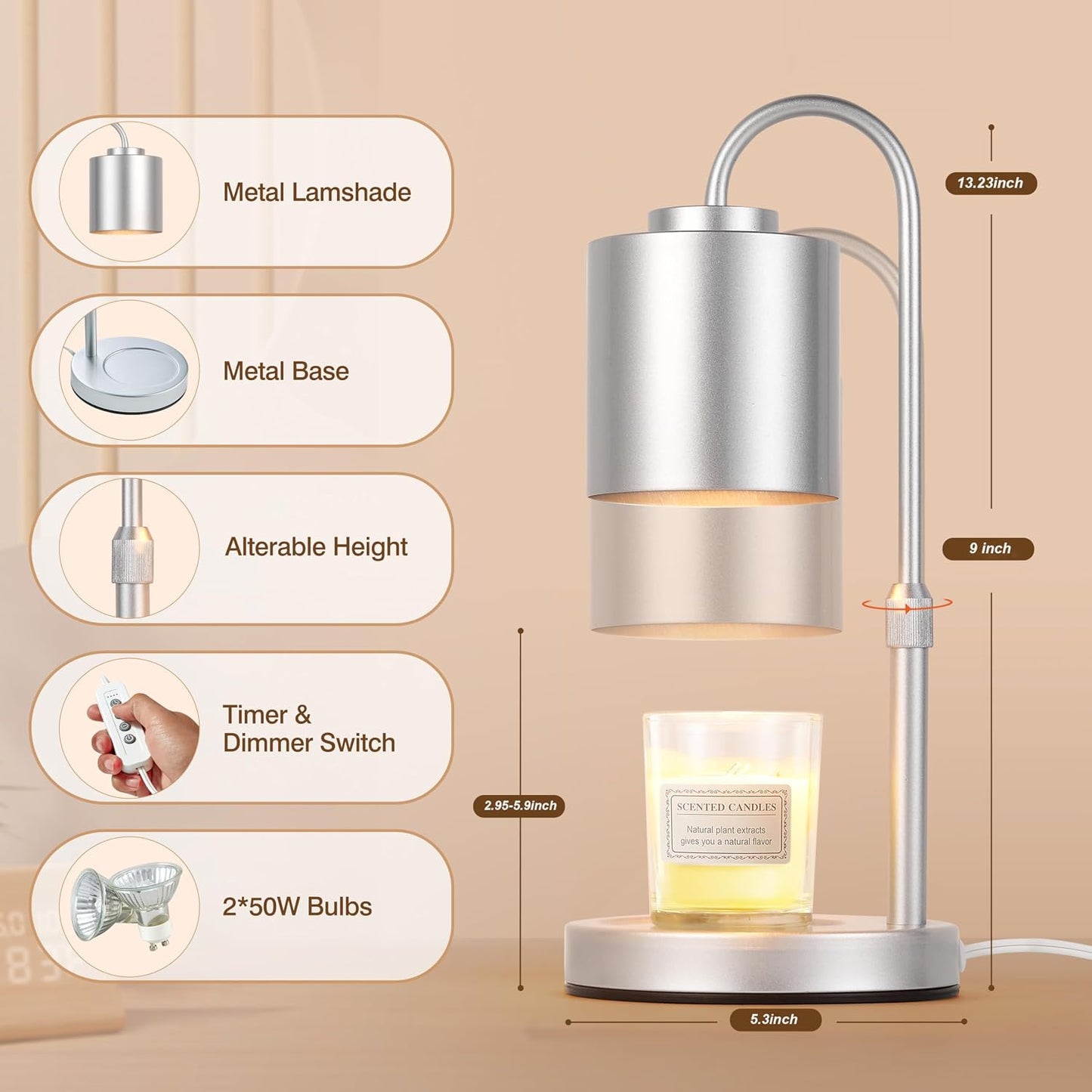 CASTLELIFE Dimmable Candle Warmer Lamp with Timer, Height Adjustable Candle Warmer for Jar Candles, Electric Wax Melt Warmer for Home Decor House Warming Gifts, Birthday Gifts for Women, Black Clear