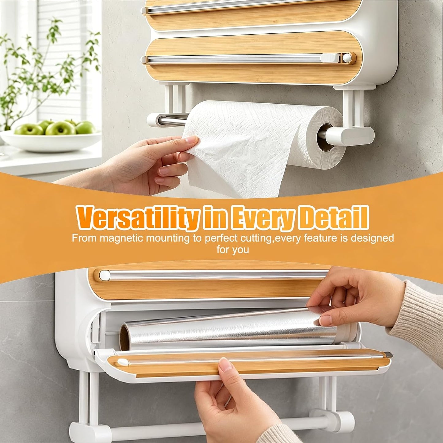 3 in 1 Plastic Wrap Dispenser with Cutter,Wooden Aluminum Foil Organizer | Magnetic Holder with Kitchen Towel Holder, Wall Mount Kitchen Wrap Dispenser for Pantry and Kitchen Cabinet