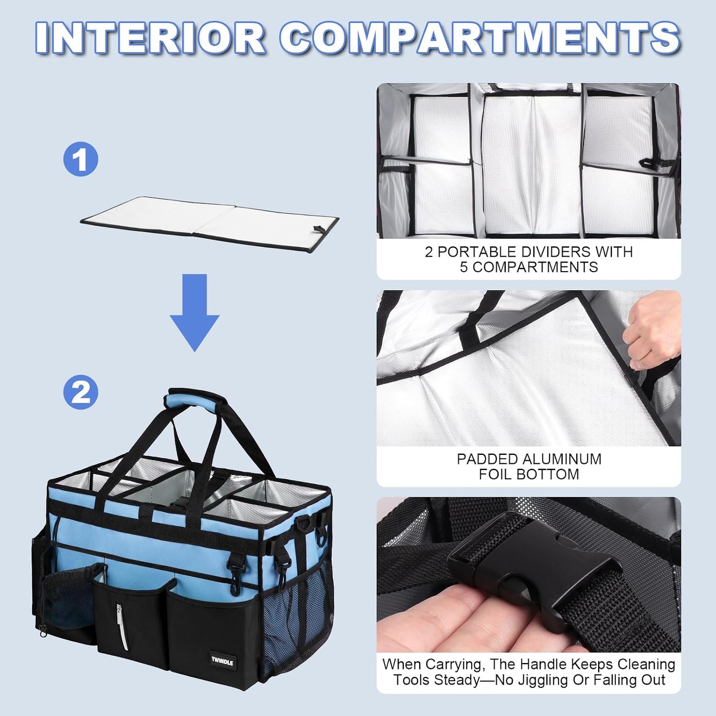 Extra Large Cleaning Caddy Bag with Built-In Support Board, Cleaning Tote Organizer with Removable Divider, Supply Carryall with Adjustable Shoulder Strap and Waist Belt for Cleaners & Housekeeper