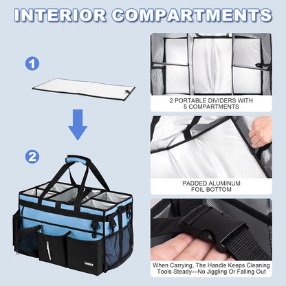 Extra Large Cleaning Caddy Bag with Built-In Support Board, Cleaning Tote Organizer with Removable Divider, Supply Carryall with Adjustable Shoulder Strap and Waist Belt for Cleaners & Housekeeper