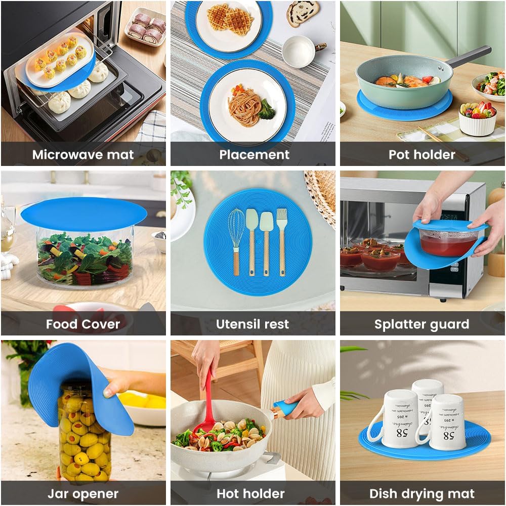 2 in 1 Microwave Splatter Cover Food, Microwave Silicone Mat Place Holders for Multi-use, Silicone Trivet, Pot Holders, Drying, Baking, Utensils Rest for Kitchen Counter Mat