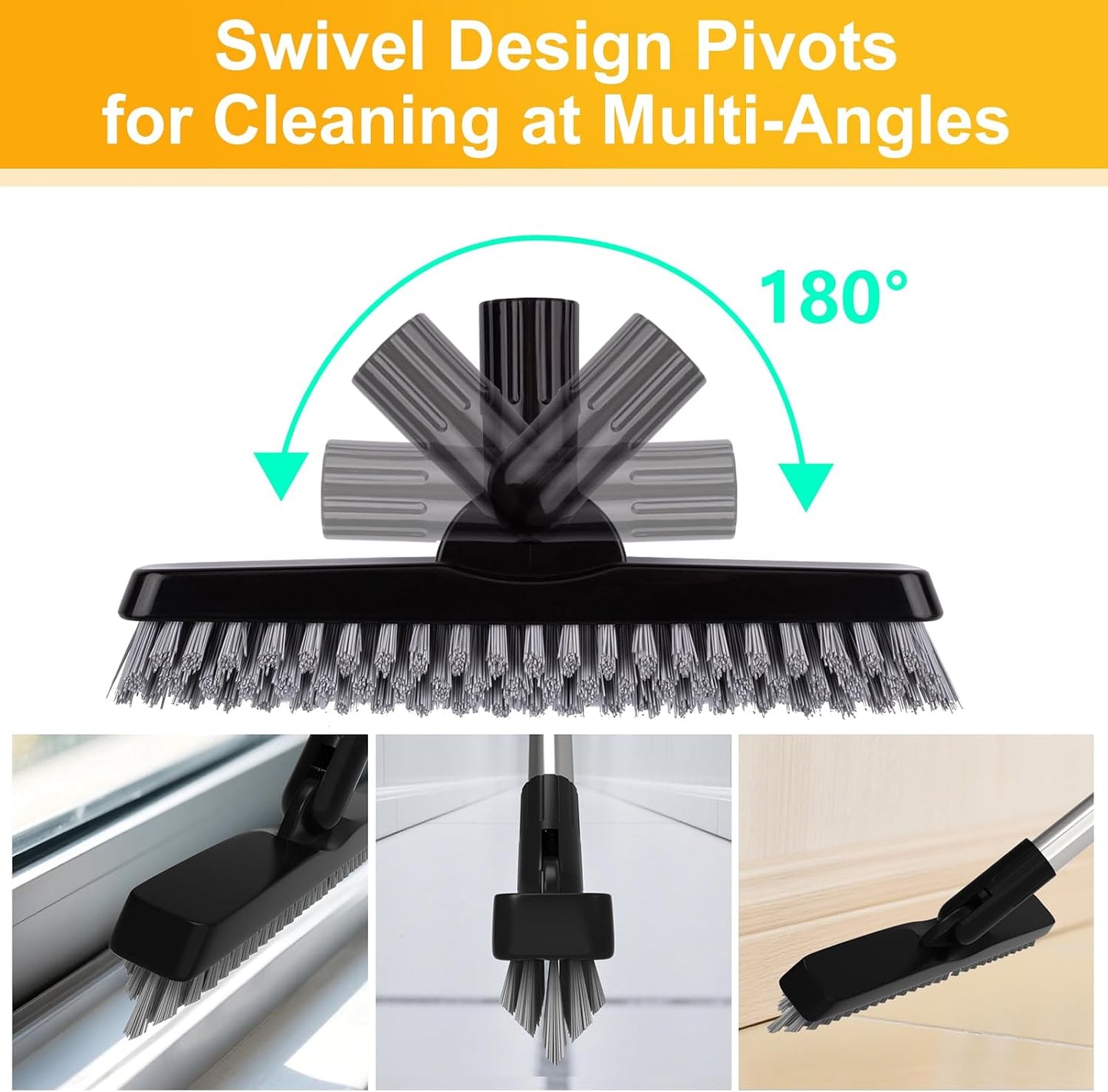 2 Pack Grout Brush with Long Handle, 56.5'' Swivel Grout Cleaning Brush,V-Shape Grout Scrub Brush, Extendable Handle Grout Cleaner Brush for Tile Floors，Bathroom,Baseboard,Shower,Corner