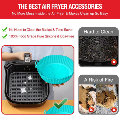 2 Pack Air Fryer Silicone Liners Pot for 3 to 5 QT, Basket Bowl, Replacement of Flammable Parchment Paper, Reusable Baking Tray Oven Accessories, Red+Blue, (Top 8in, Bottom 6.75in)